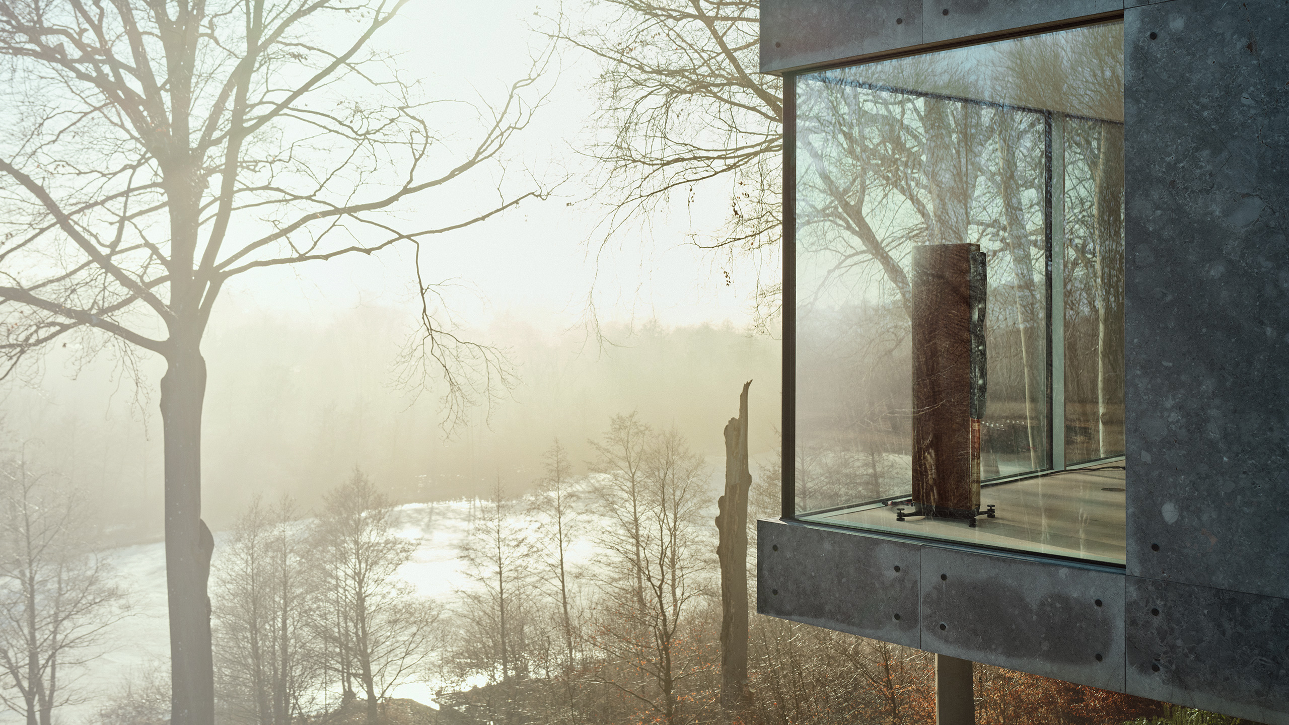 Dynaudio Confidence 50i luidspreker bij een groot raam met uitzicht op het bos